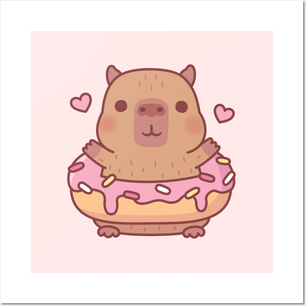 Cute Capybara With Pink Frosting Donut Wall Art by rustydoodle